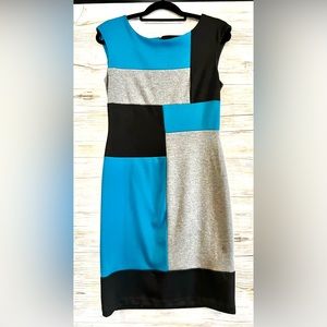 London Times Colorblock Professional Dress in Aqua Blue, Black and Grey Size 10